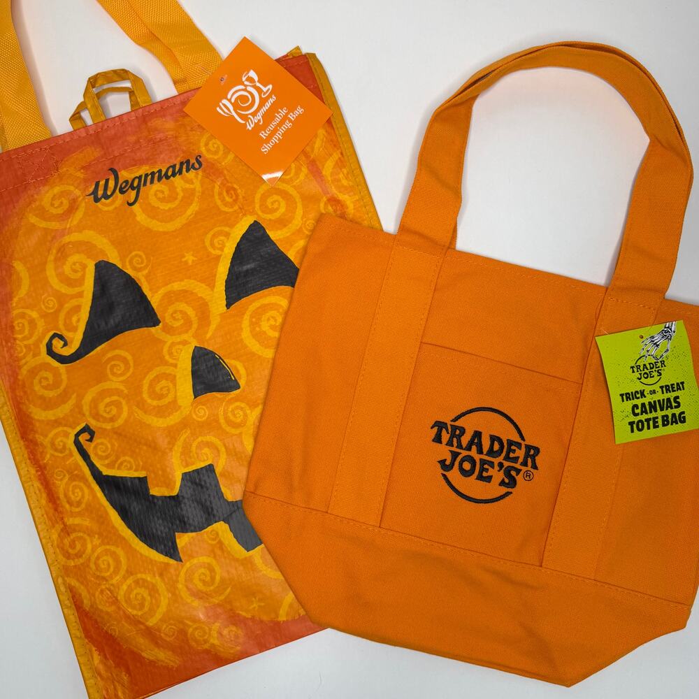 2 HALLOWEEN TOTE BAGS — Trader Joe’s Canvas Orange Mini + Wegmans Jack-o-Lantern